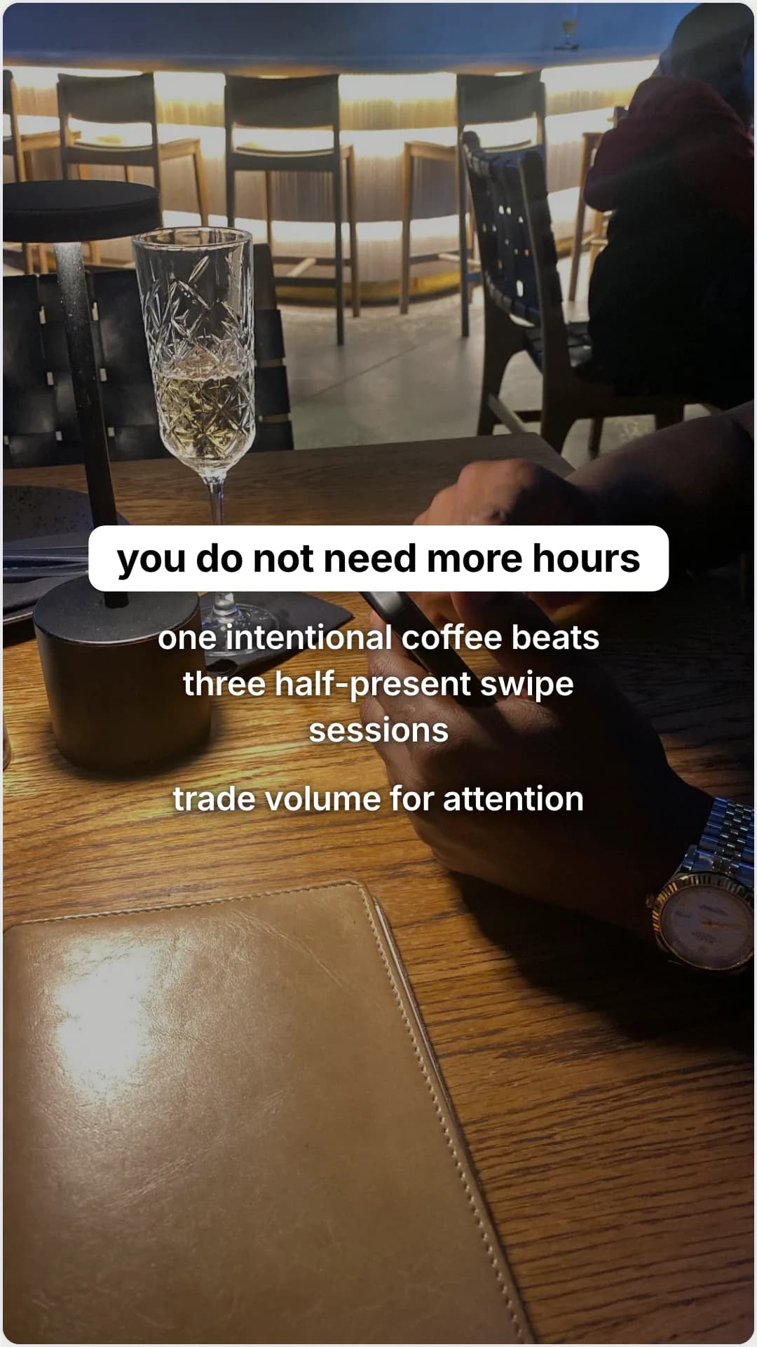 Answering the 'I'm too busy to date' excuse: slide 3, you do not need more hours. one intentional coffee beats