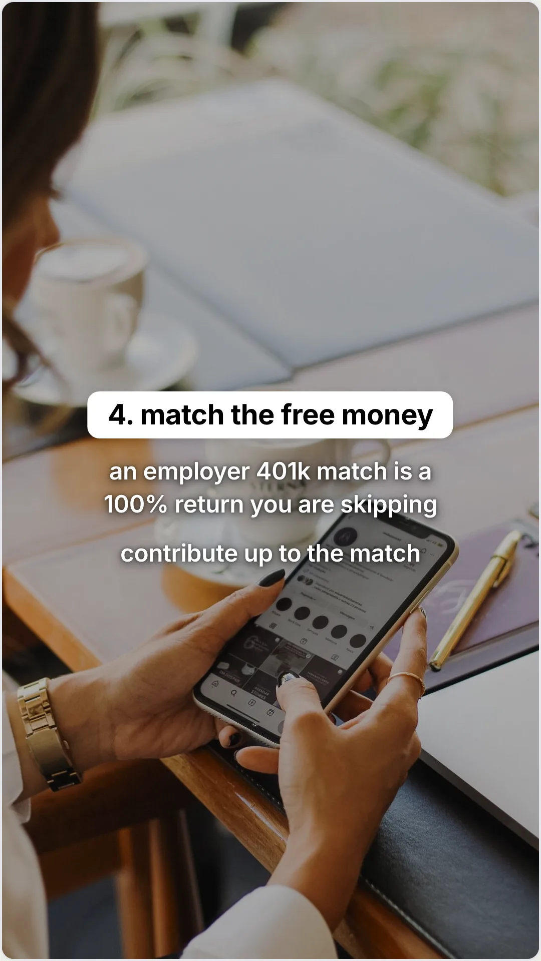 Four money moves for your first real paycheck: slide 5, 4. match the free money. an employer 401k match is a 1