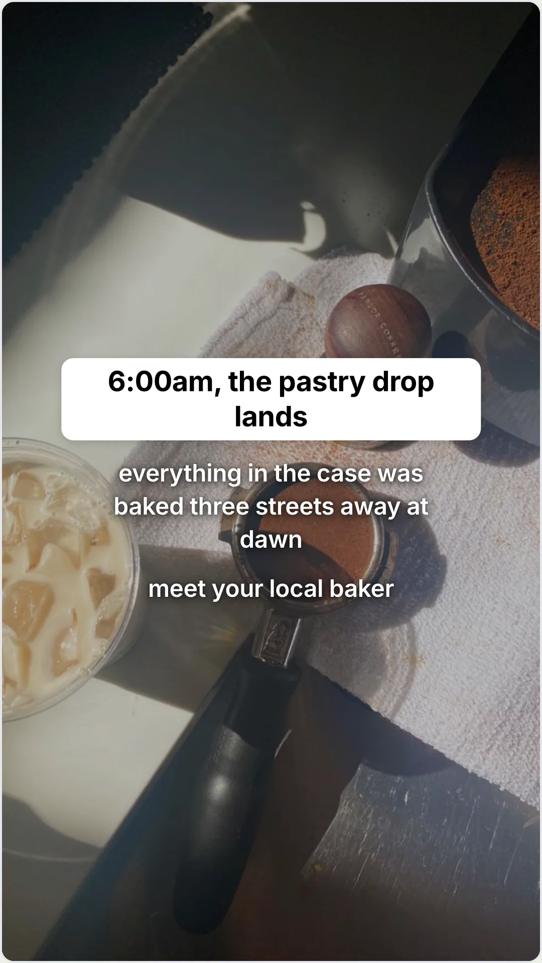 The 5am open shift your regulars never get to see: slide 3, 6:00am, the pastry drop lands. everything in the c