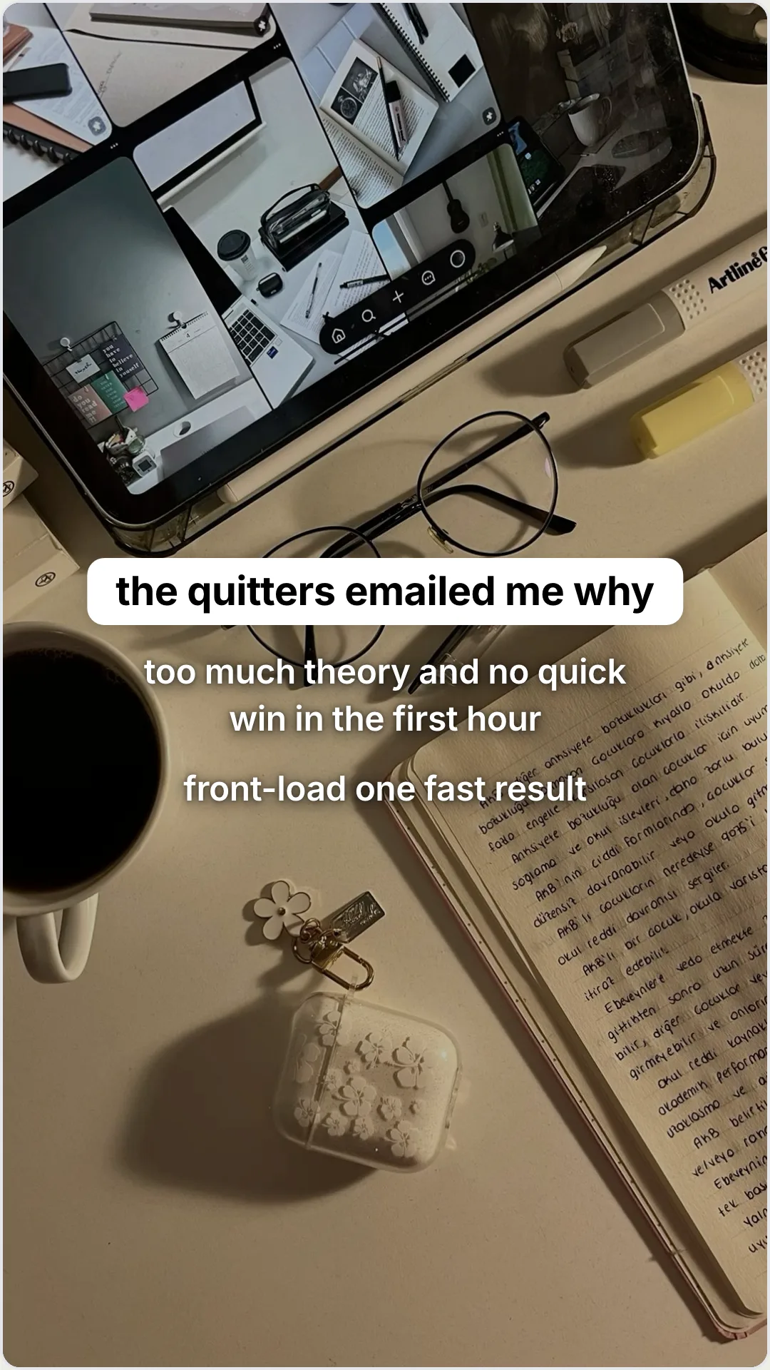 What my first course cohort taught me about teaching: slide 3, the quitters emailed me why. too much theory an