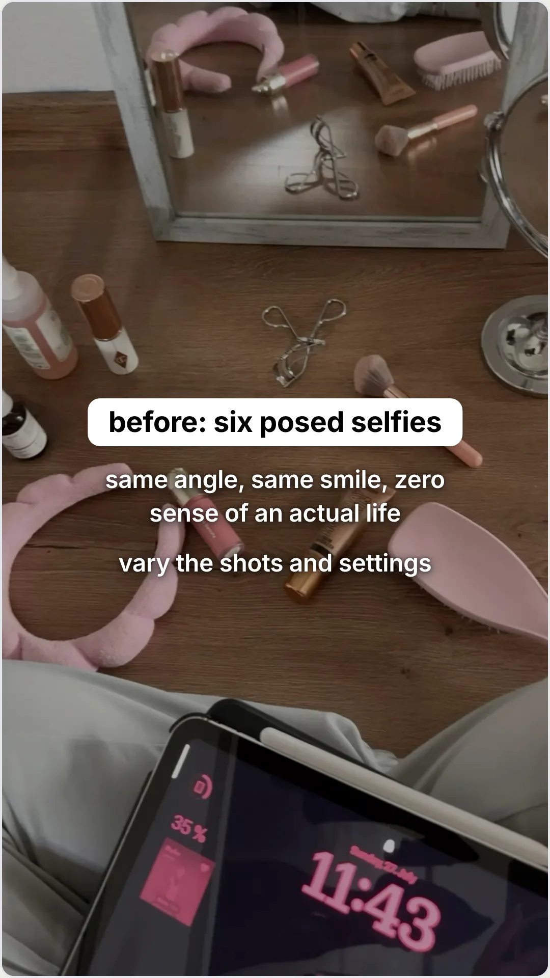 A dating profile before and after that actually worked: slide 4, before: six posed selfies. same angle, same s