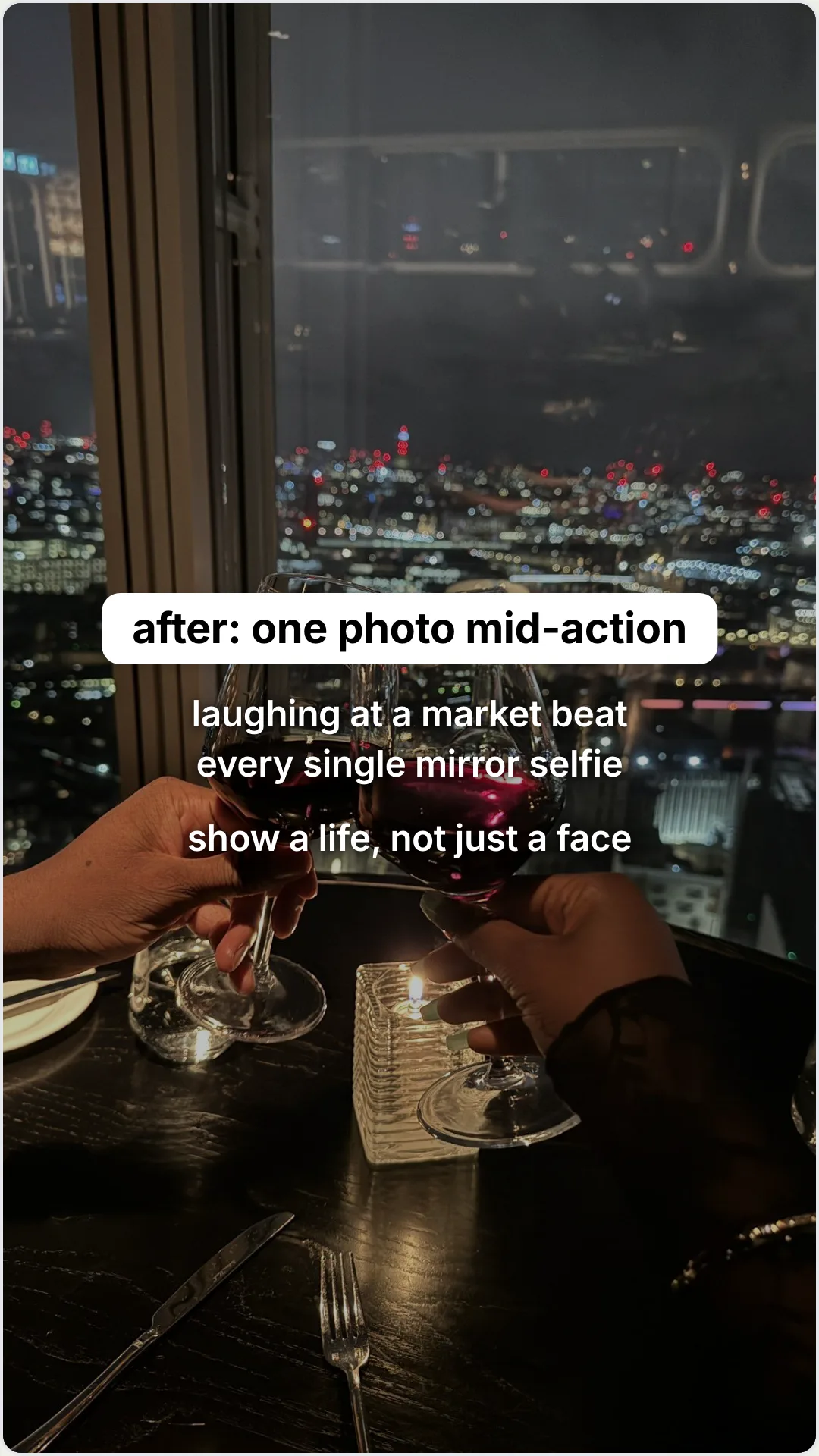A dating profile before and after that actually worked: slide 5, after: one photo mid-action. laughing at a ma
