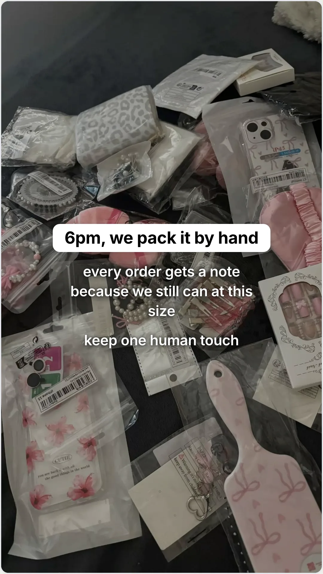 Drop day inside a small fashion studio: slide 5, 6pm, we pack it by hand. every order gets a note because we s