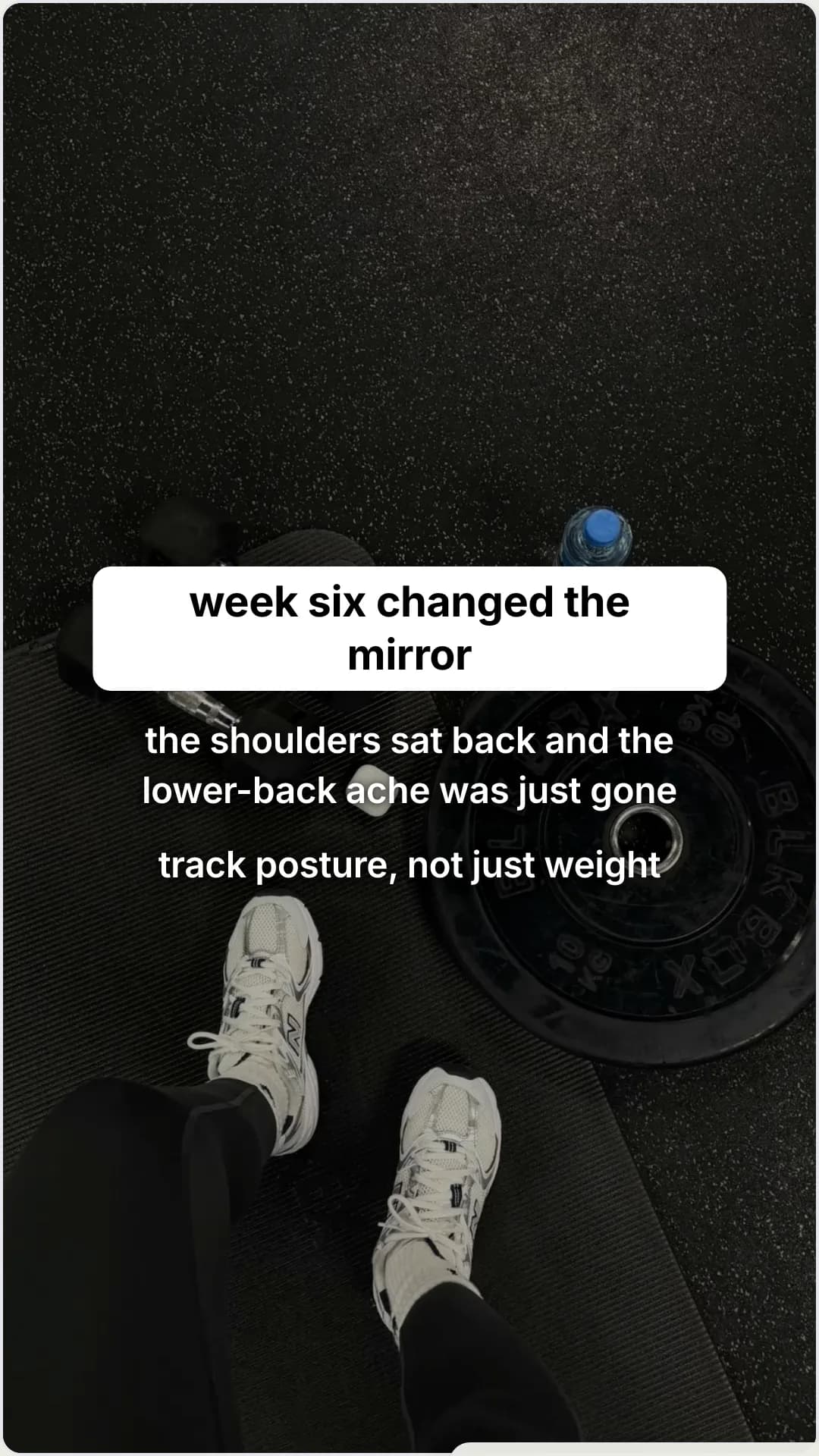 A before and after built for desk workers, not athletes: slide 4, week six changed the mirror. the shoulders s