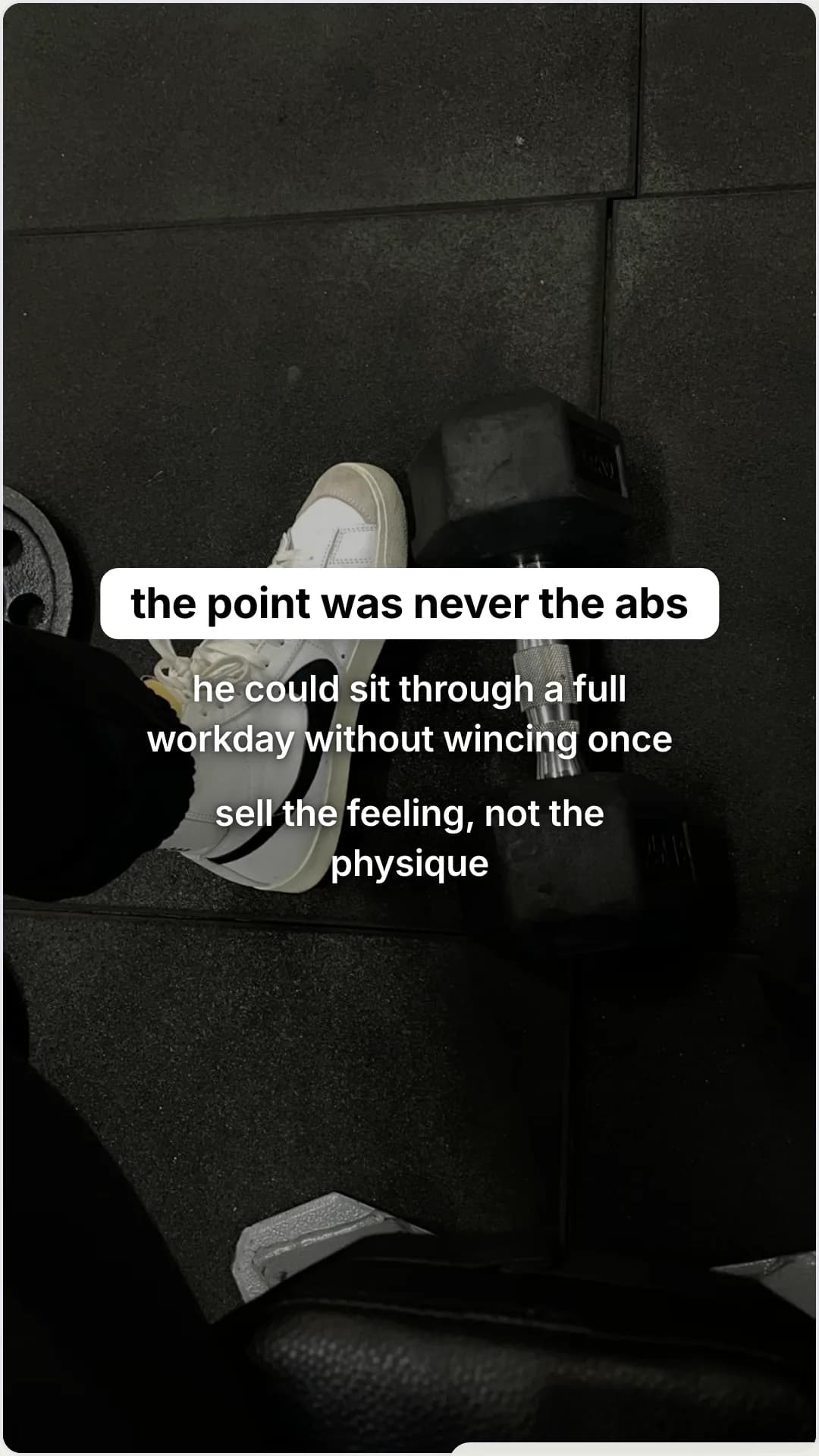 A before and after built for desk workers, not athletes: slide 5, the point was never the abs. he could sit th