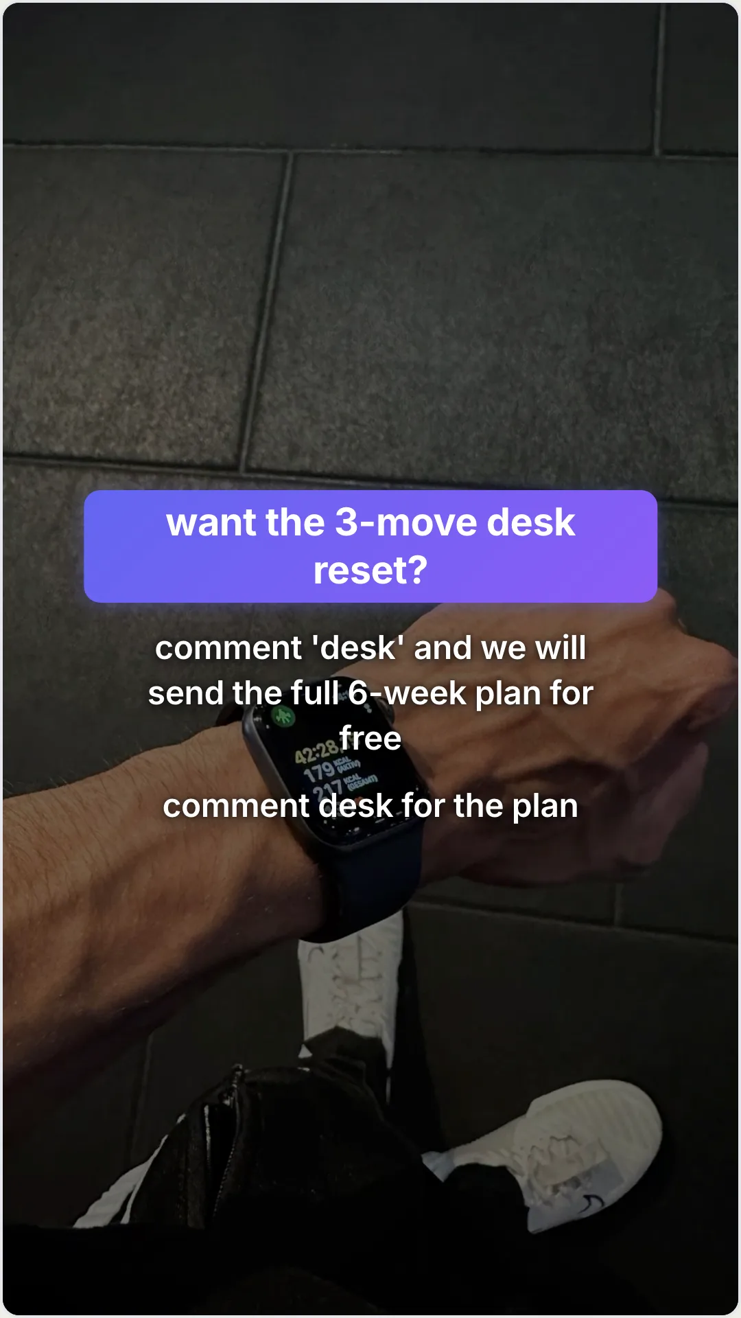 A before and after built for desk workers, not athletes: slide 6, want the 3-move desk reset?. comment 'desk'