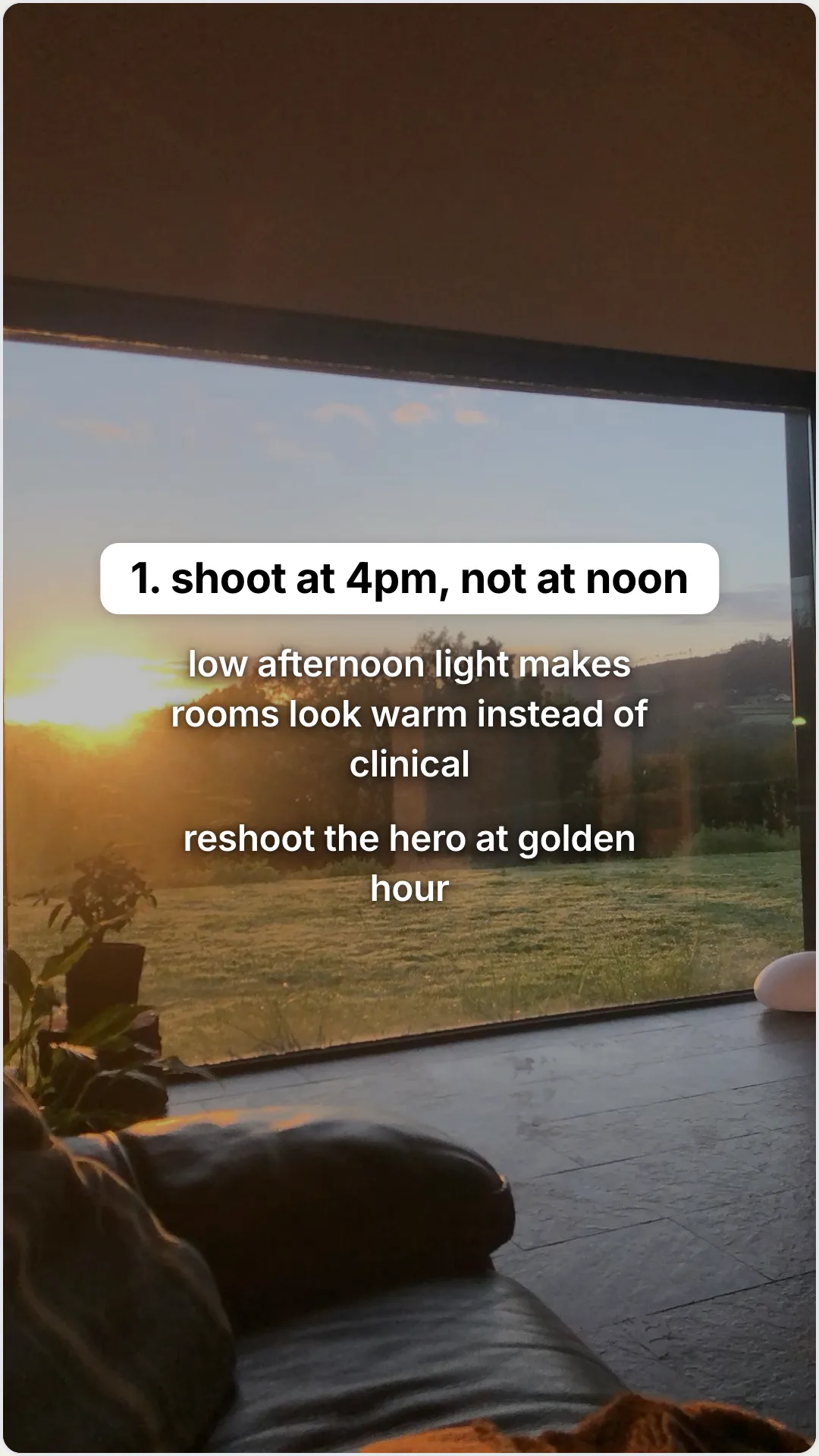 Five listing-photo fixes that sell a home faster: slide 2, 1. shoot at 4pm, not at noon. low afternoon light m