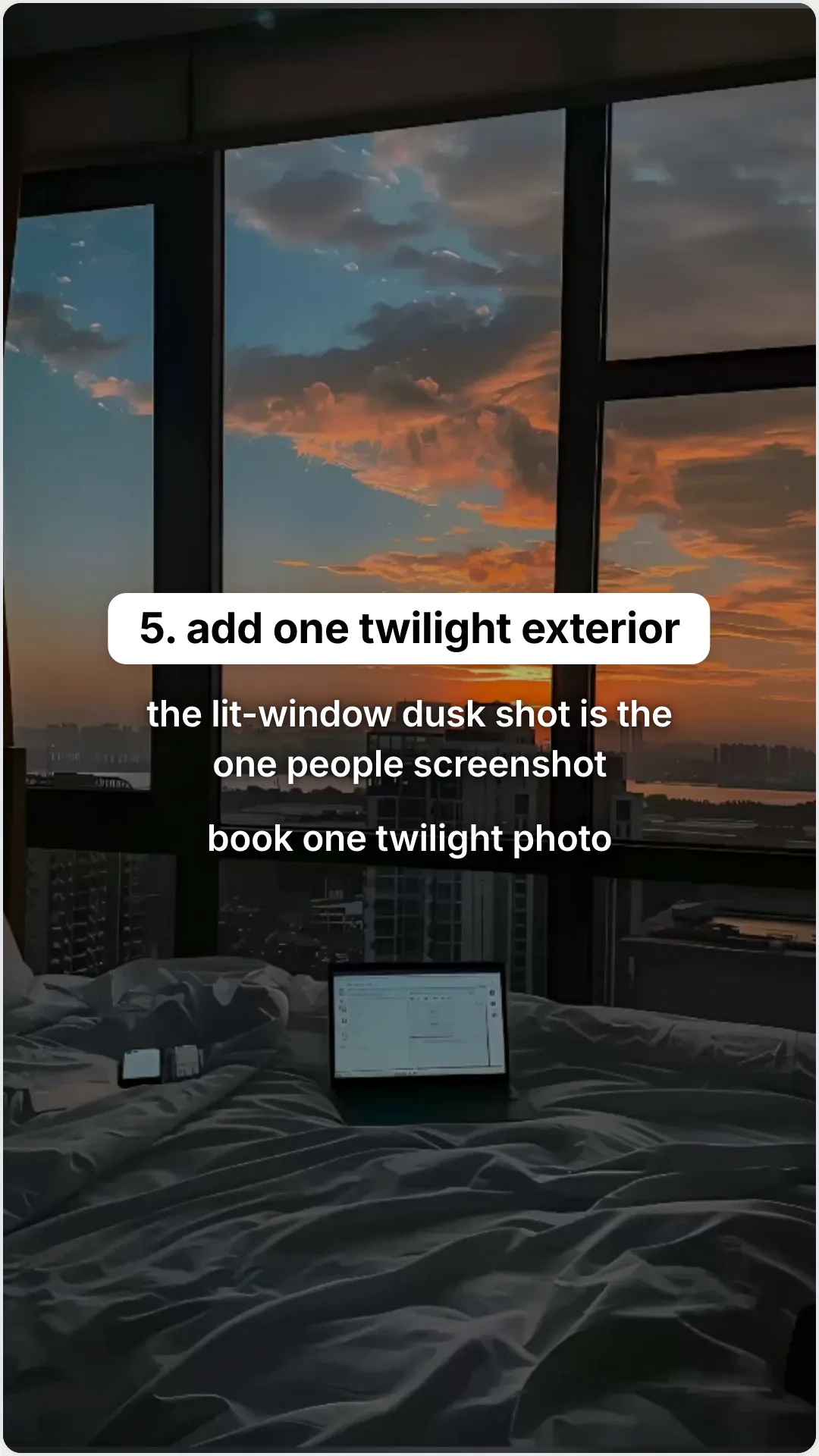 Five listing-photo fixes that sell a home faster: slide 6, 5. add one twilight exterior. the lit-window dusk s