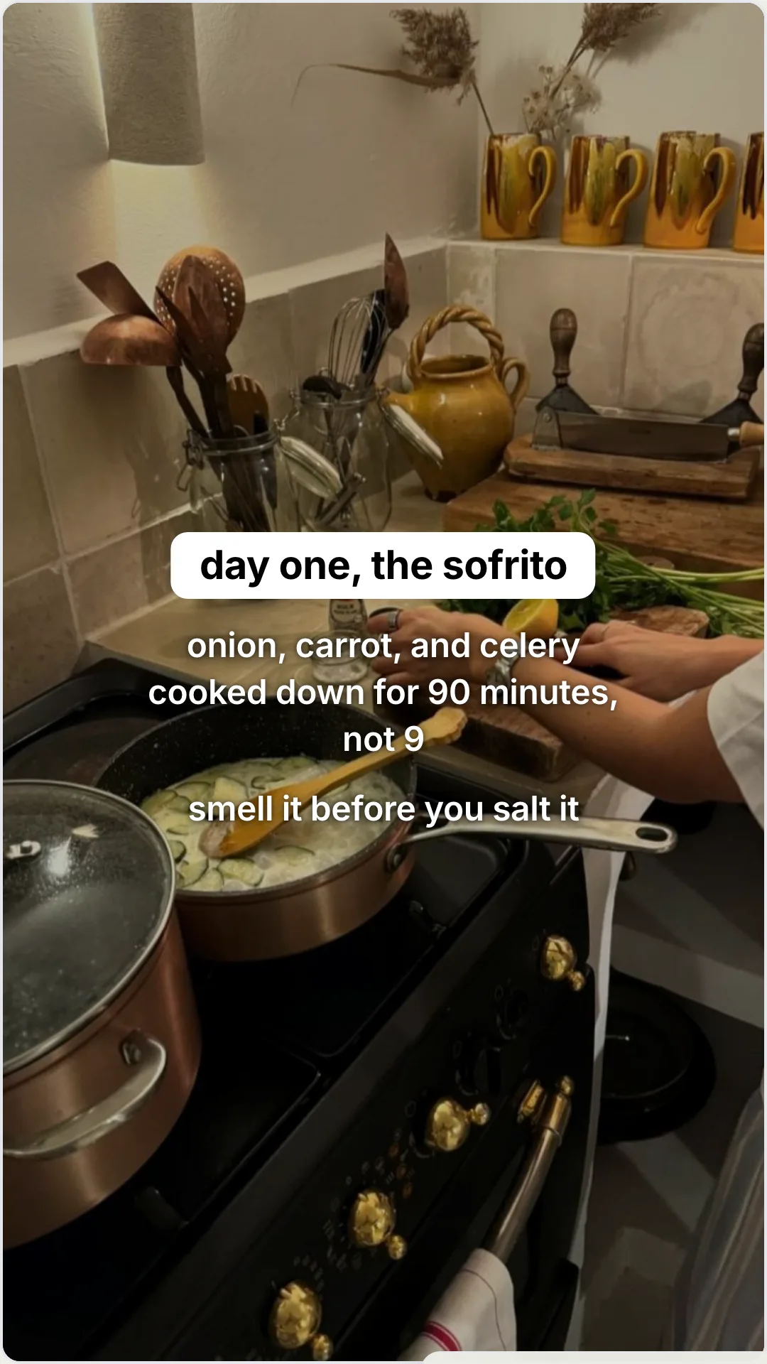 The 48-hour before and after behind one plate: slide 2, day one, the sofrito. onion, carrot, and celery cooked