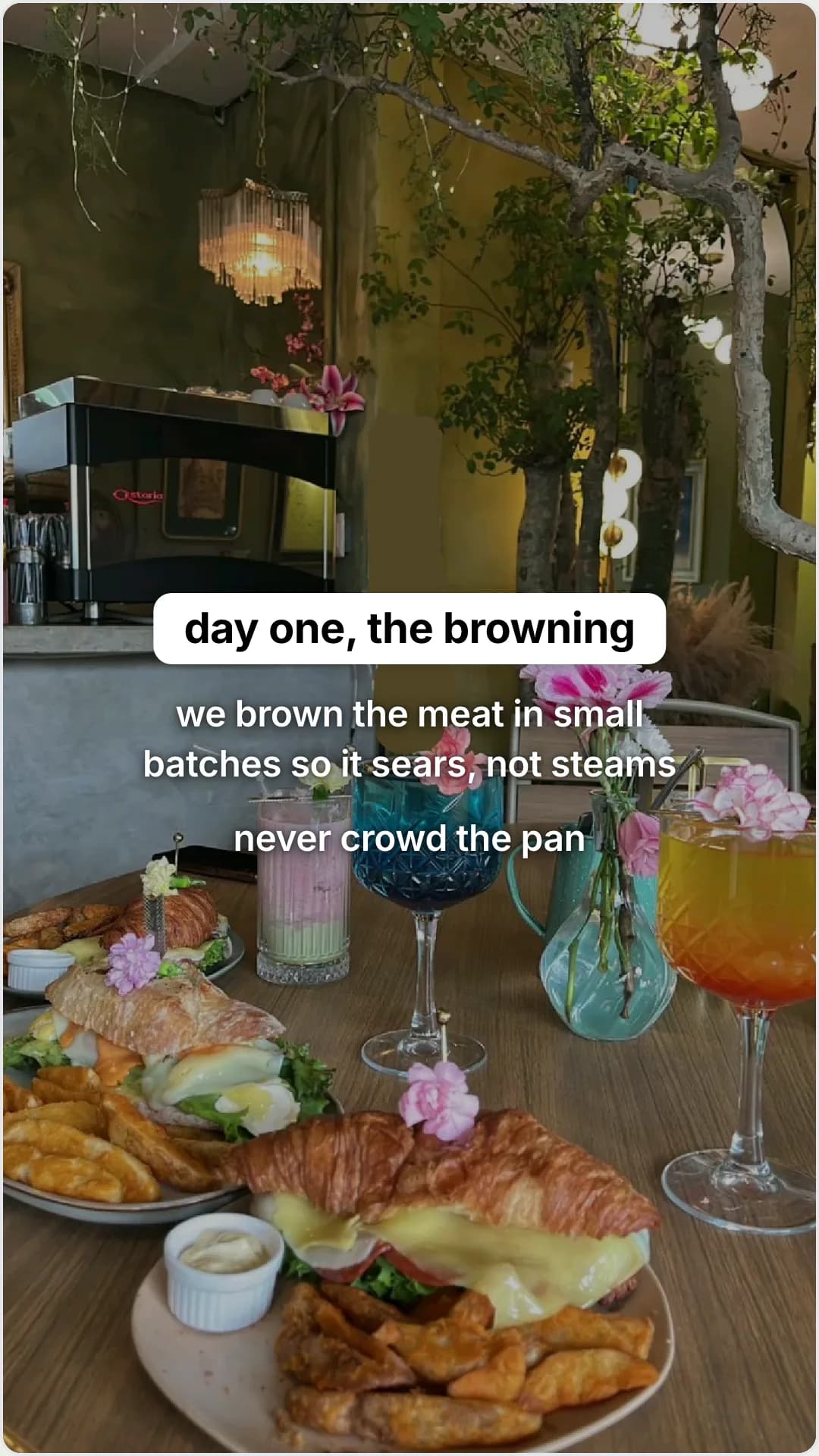 The 48-hour before and after behind one plate: slide 3, day one, the browning. we brown the meat in small batc